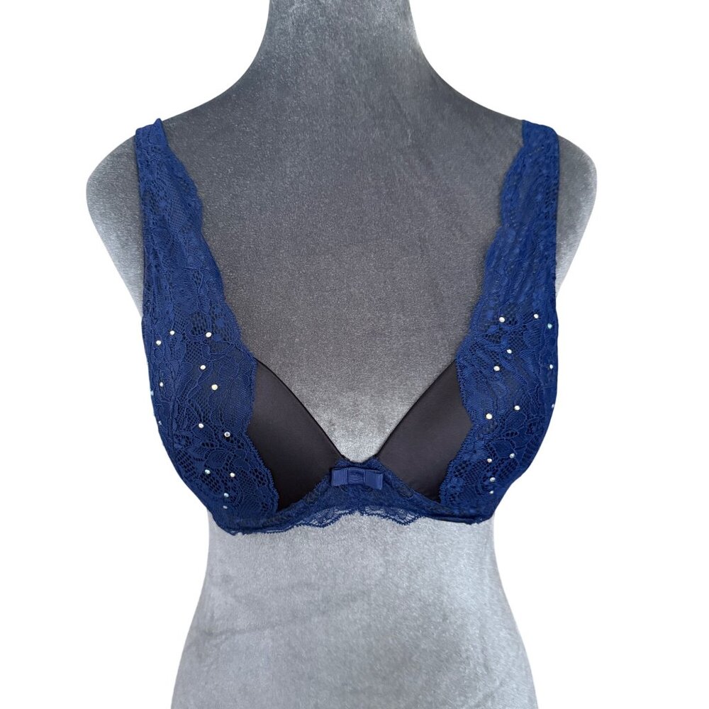 Adore Me Navy Blue Lace Push-Up Bra With Adjustable Straps & Hook Closure Size 3